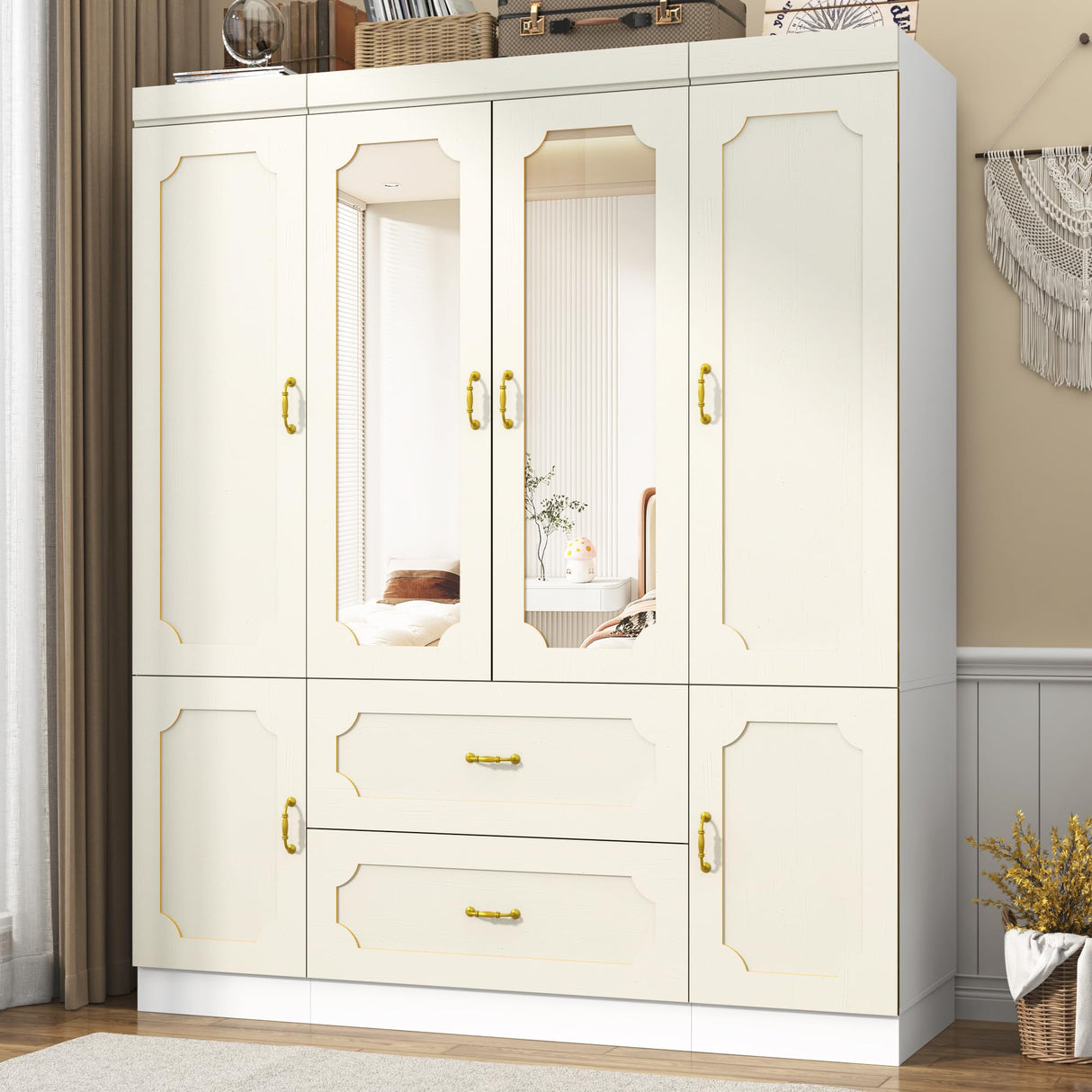 75" Tall 4 Doors Armoire Wardrobe Closet with Mirror and LED Light,Modern Freestanding White Wardrobe Armoire for Bedroom with Drawers,Modern Clothing Storage Cabinet for Bedroom(White) jiteentarou