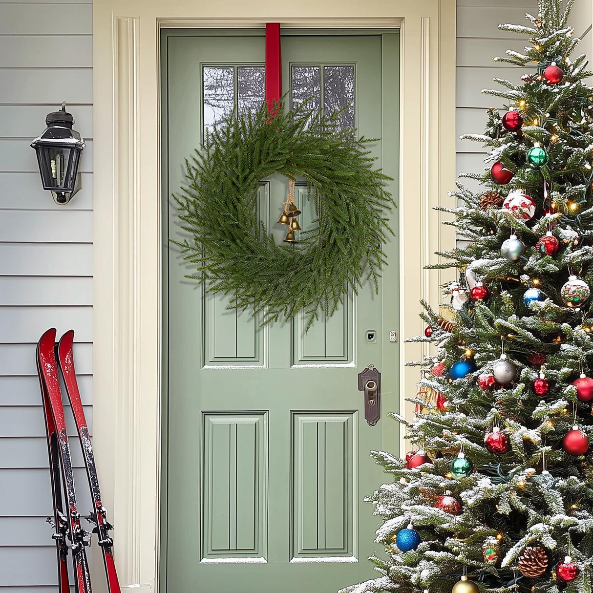Dolicer Christmas Wreath - 24" Real Touch Norfolk Pine Wreath, Christmas Wreaths for Front Door Artificial Pine Green Wreath with Bell for Wall Windows Mantle Outdoor Outside Christmas Decoration Dolicer