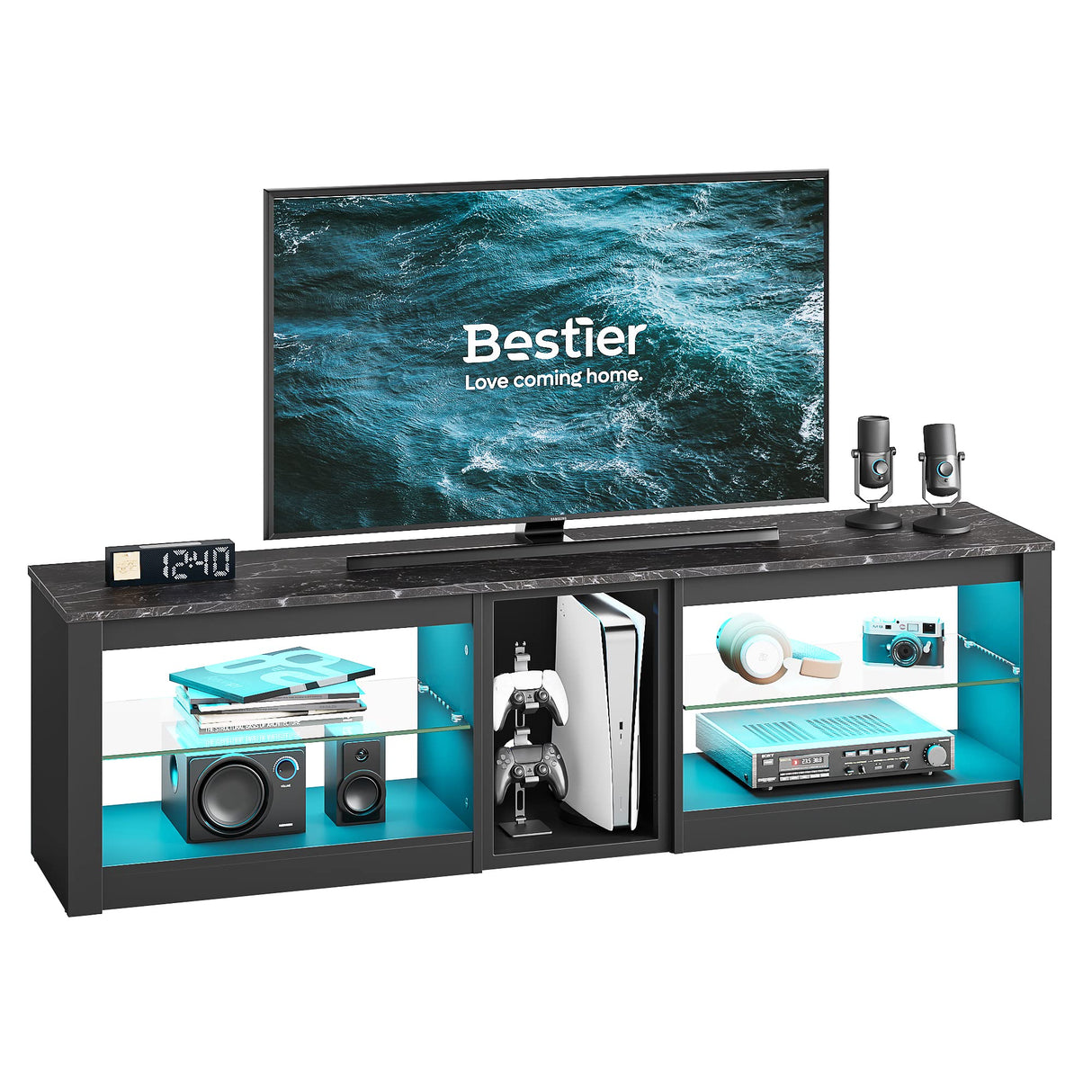 Bestier TV Stand for 70 inch TV, Gaming Entertainment Center for PS5, LED TV Cabinet with Glass Shelves for Living Room, 63'' Inch, Marble Black Bestier
