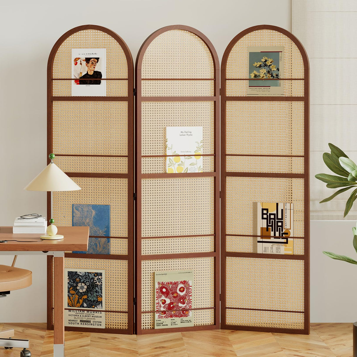 Rattan Room Divider with Bookshelf,Foldable Privacy Screen Partition,Wooden Frame,Natural Portable for Living Room,Bedroom Home,Office Reading Nook (Walnut, 3 Panels) Svimi