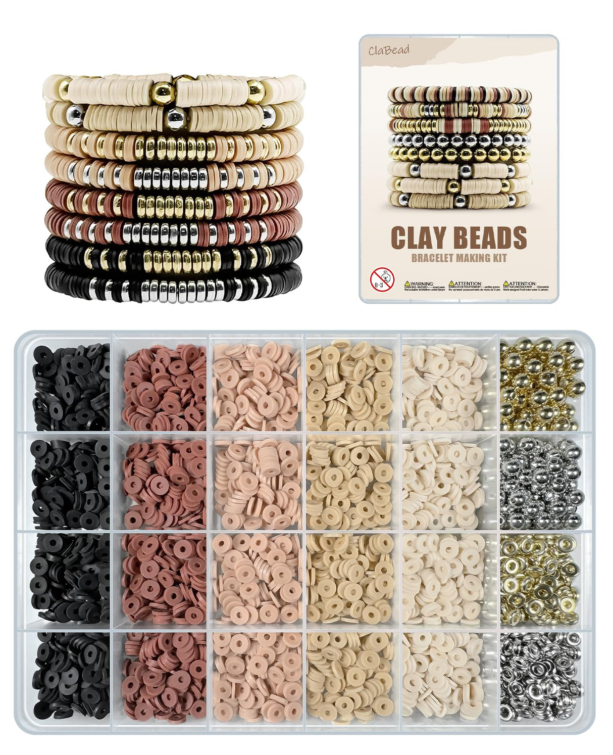 ClaBead Bracelet Making Kit 3200Pcs, Clay Beads Bracelet Kit with Gold Beads and Sliver Beads, Swift Friendship Beads Bracelet Kit for Bracelets Making (Earth Tone) ClaBead