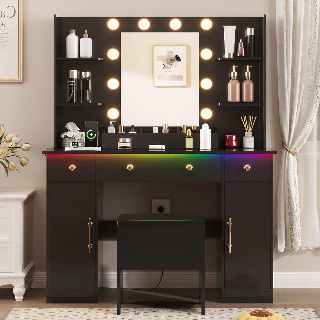 HUANLEGO Vanity Desk with Mirror and Lights, Black Makeup Vanity Mirror with RGB LED Lights, 3 Color Modes Adjustable Vanity Desk with Charging Station, 3 Drawers and Vanity Chair for Bedroom HUANLEGO