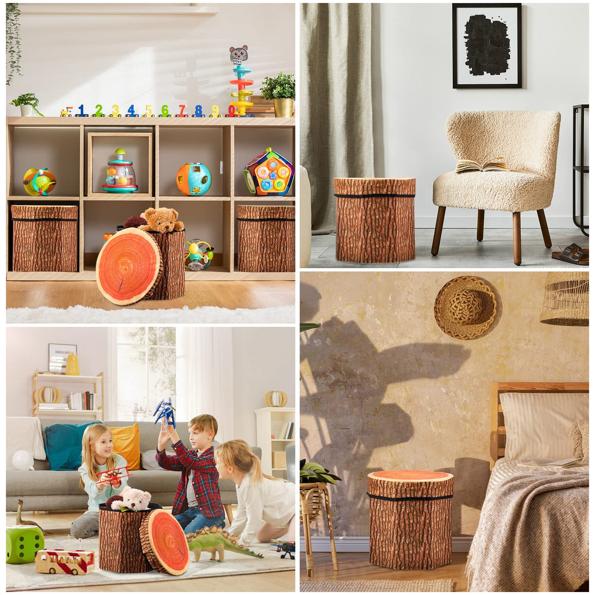 Amylove 3 Pack Tree Stump Storage Stool 12 x 12 Inch Stool Ottoman, Cute Folding Storage Toy Box with Foam Cushion, Collapsible Seat Chest (Classic) Amylove