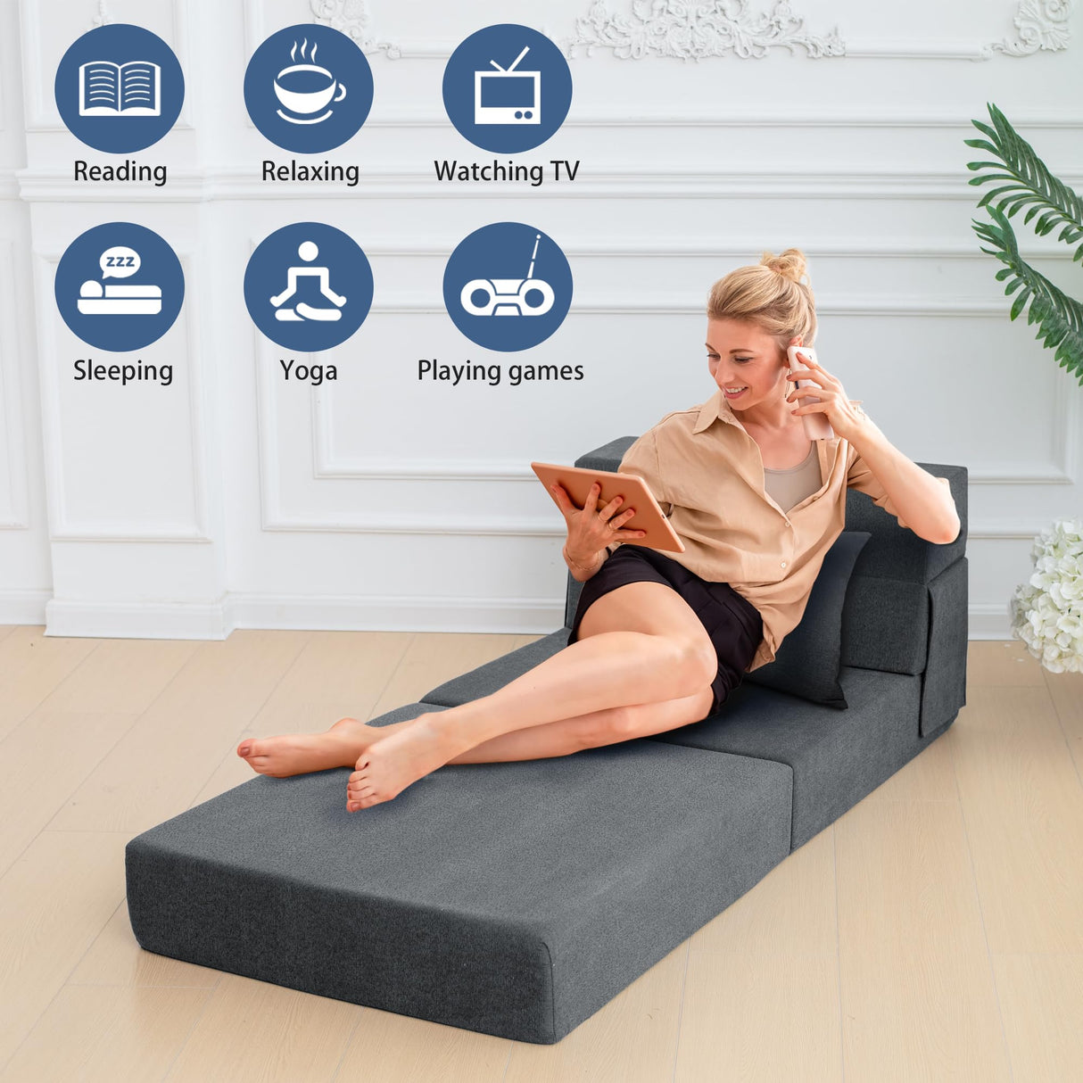 Ressainic Folding Sofa Bed Chair with Pillow,Convertible Fold Out Chair Bed Sleeper,Foam Floor Mattress, Foldable Futon Couch Bed for Living Room/Dorm/Guest/Office (Grey, Single) Ressainic