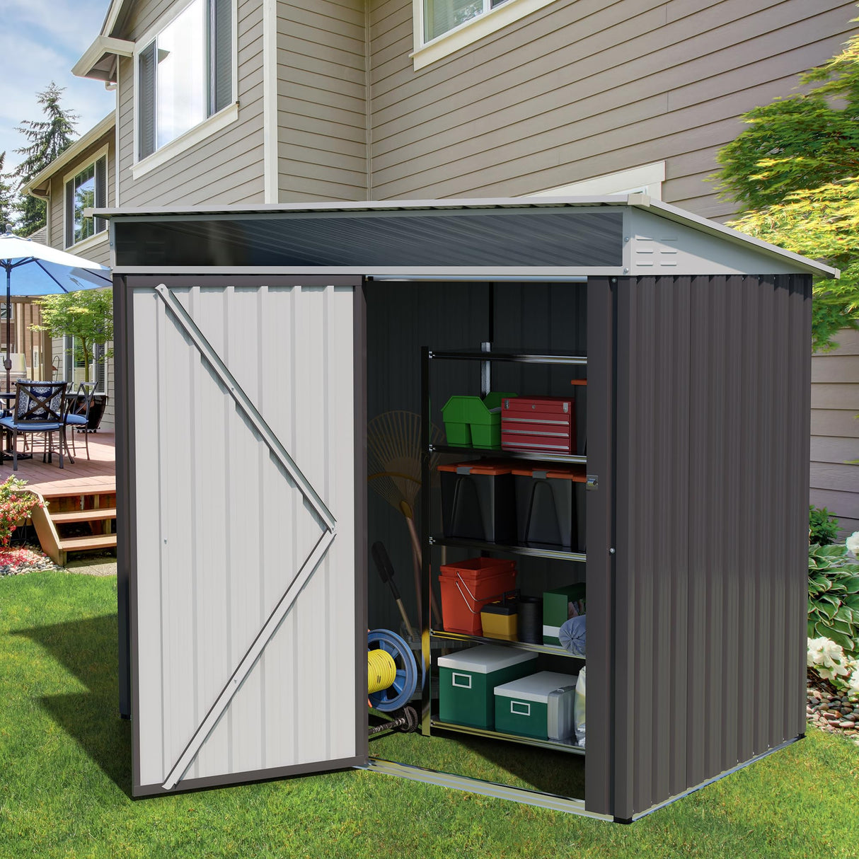 Vongrasig Outdoor Storage Shed, 6 x 4 FT Outside Metal Garden Shed with Window and Lockable Door, Waterproof Tool Shed for Backyard Patio, Lawn and Garden (Dark Gray) Vongrasig
