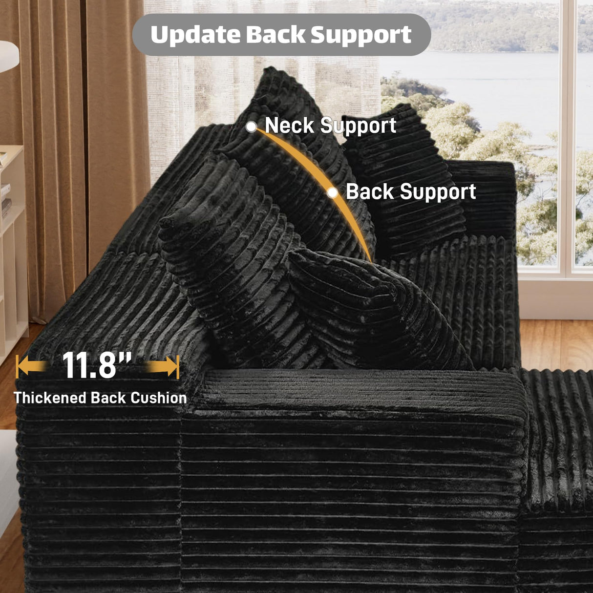 ONEMMLION Cloud Couch Sectional Modular Sofa, 107.5" Comfy Black L Shaped Boneless Couches for Living Room, Deep Seat Plush Corduroy Couch Sectional Memory Foam Sofa(Black, Right Facing Chaise) ONEMMLION