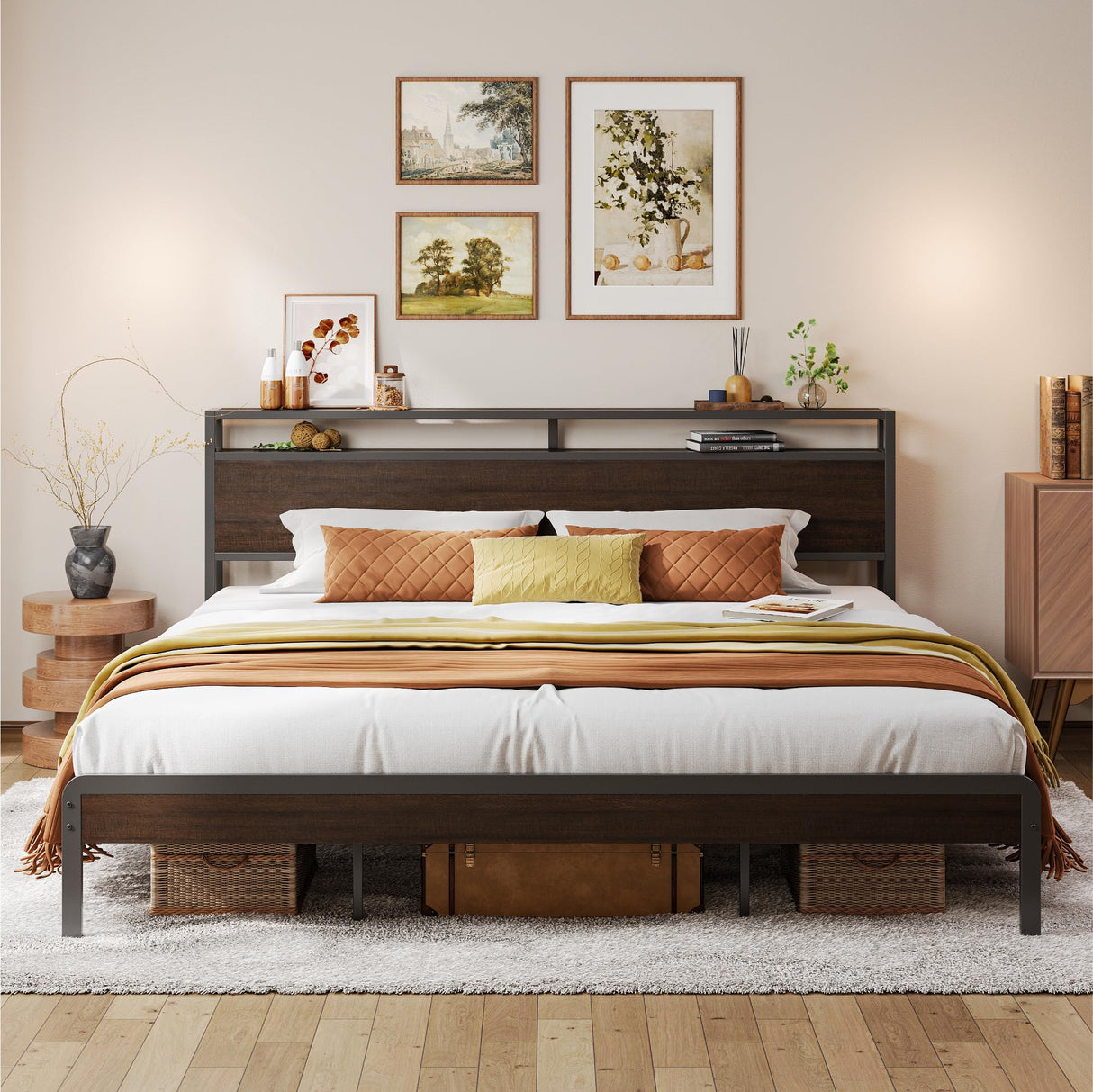LIKIMIO King Bed Frame with Headboard, Dark Wood Camas King with Strong Supports, Sturdy, Noise-Free, No Box Spring Needed, Dark Brown LIKIMIO