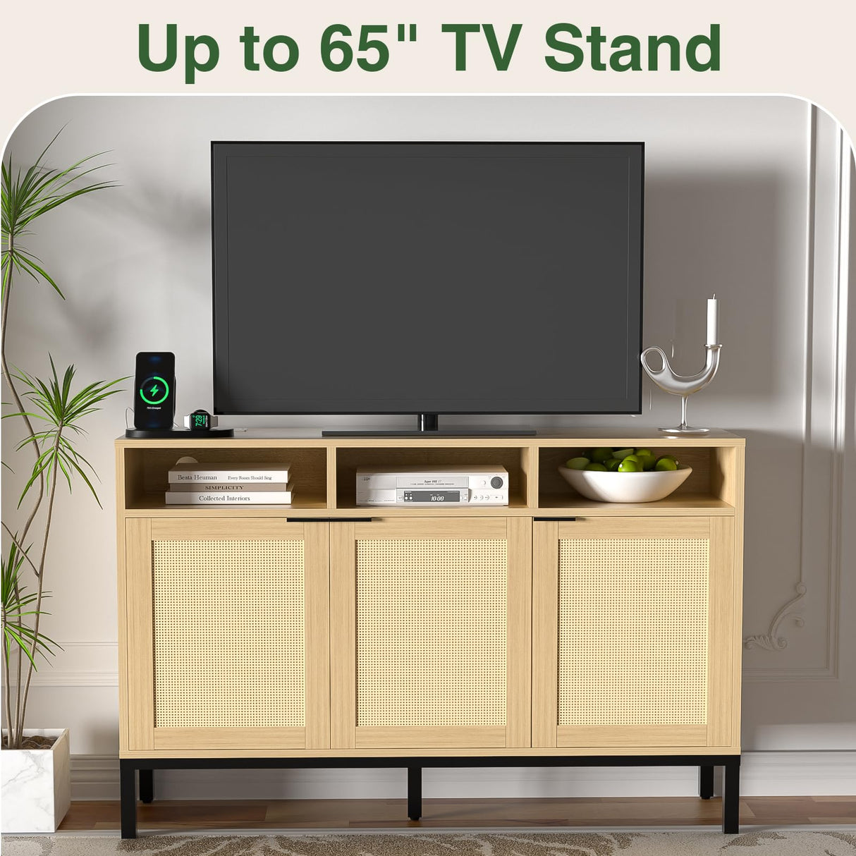 Yeyawomy Buffet Sideboard Cabinet with Storage, Storage Cabinet with LED Light and Charging Station, Rattan Sideboard Storage Cabinet, Farmhouse Kitchen Coffee Bar Cabinet, Boho Chest Storage Yeyawomy