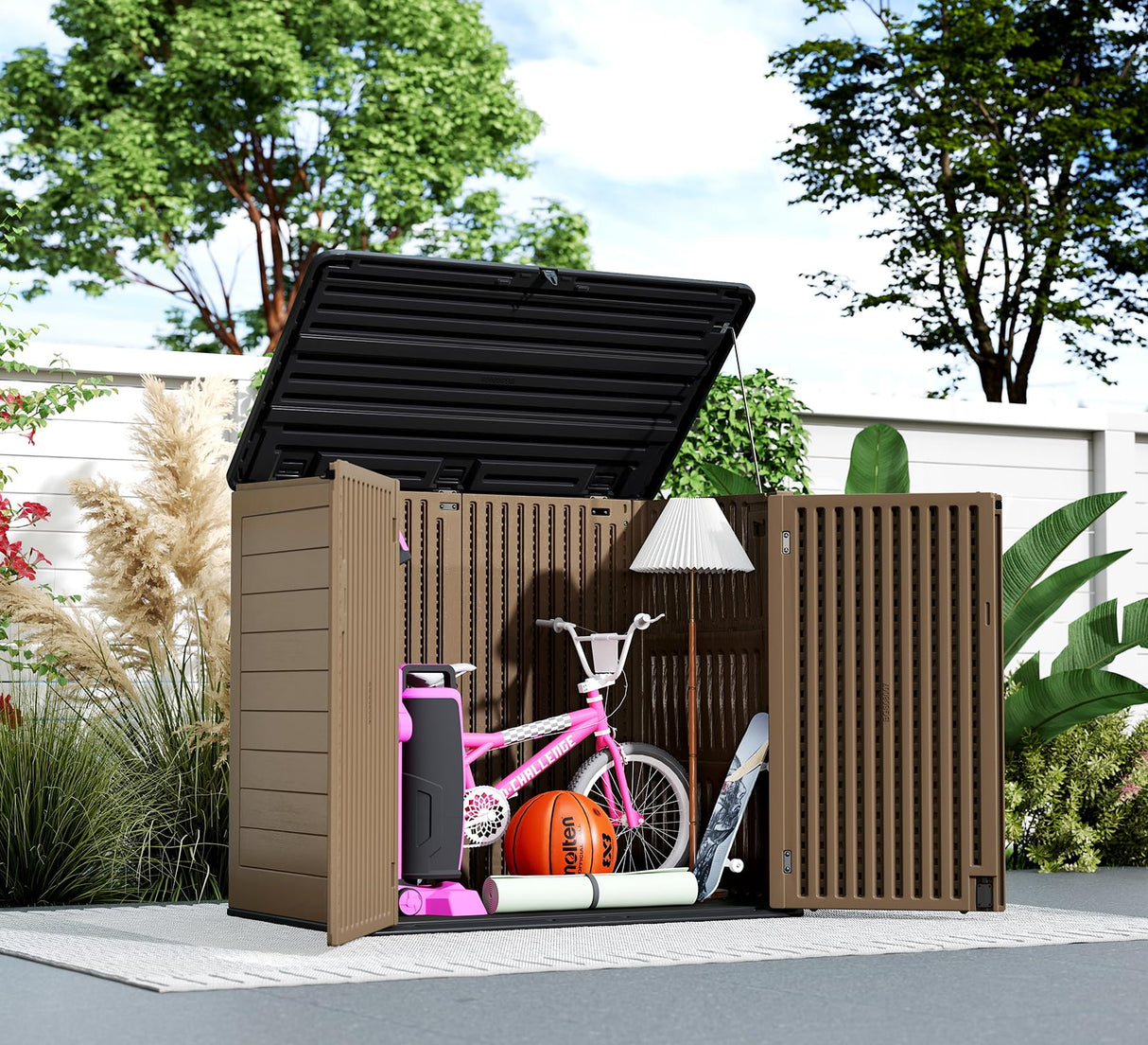 HOMSPARK Storage Shed Weather Resistance, Multi-Purpose Outdoor Storage Cabinet for Backyards and Patios, Horizontal Storage Shed for Lawnmower, Patio Accessories (Brown, X Large - 48 cu.ft) HOMSPARK