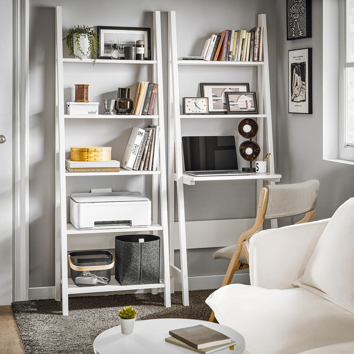 Haotian SoBuy Ladder Shelf Desk, Bookcase, Book Shelf, Leaning Desk with Shelves, Wall Shelf, White FRG60-W SoBuy