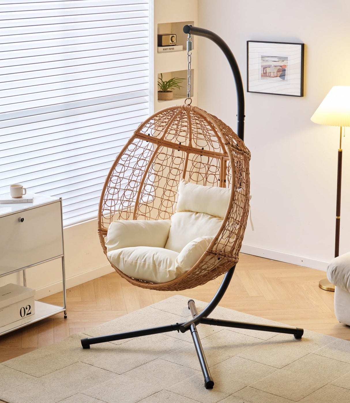 Indoor/Outdoor Hanging Chair/Hammock Chair with Stand, Hanging Swing Egg Chair with Removable & Washable Grey Cushions for Bedroom Living-Room Balcony or Patio Topfuca