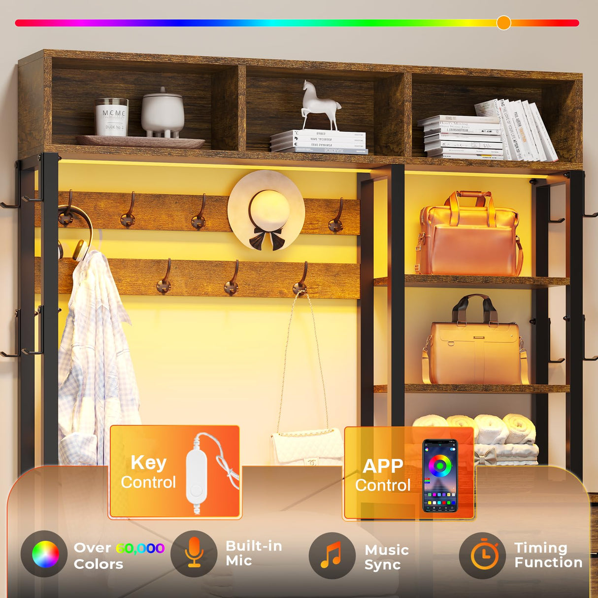 Itaar Hall Tree with Bench and Shoe Storage, 7-in-1 Entryway Bench with Coat Rack, 3 Storage Cubbies, 3 Storage Shelves, 17 Coat Hooks, 2 Fabric Drawers (Rustic Brown) Itaar