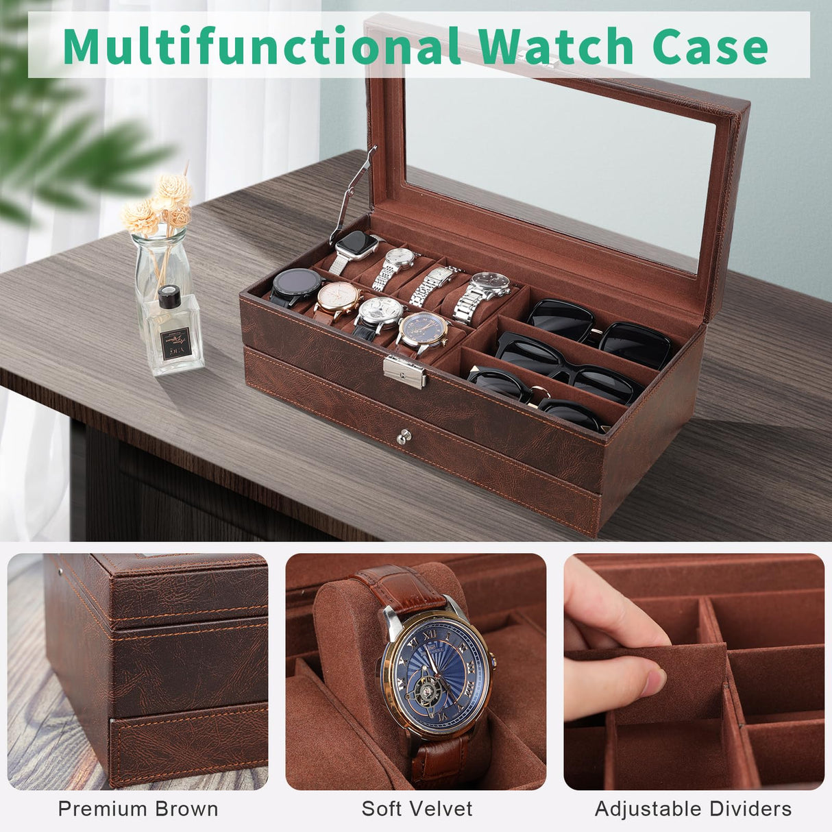 TomCare Watch Box 2-Tier Watch Case Jewelry Organizer Box with Thick Glass Lid Lockable Watch Organizer Jewelry Display Holder Sunglass Rings Necklaces Bracelets Storage Organizer for Men Women,Brown TomCare