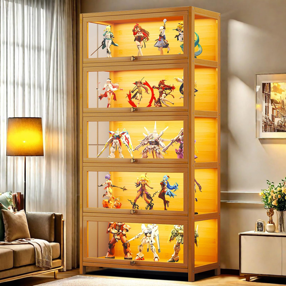 HAOWANJP Curio Display Cabinet 5-Tier Storage Shelves with Acrylic Door, Collectibles Toy Organizers Rack & Display Shelf, Kids Bookshelf and Bookcase for Playroom, Bedroom (Brown-1) HAOWANJP