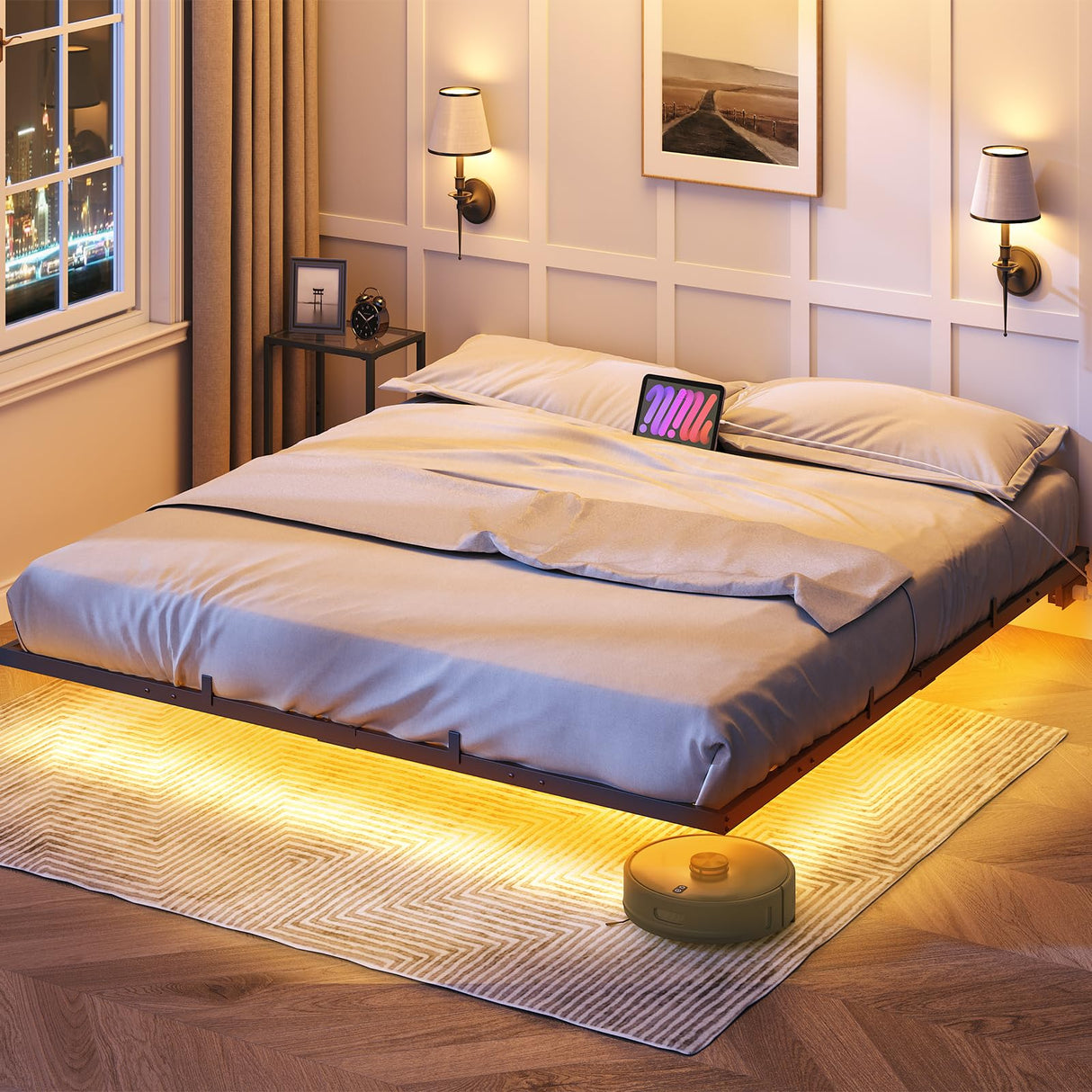 HOOBRO Floating Bed Frame King Size, Bed Frame with Charging Station and LED Lights, Industrial Style Metal Platform King Bed, Soundless, No Box Springs Needed, Black HOOBRO