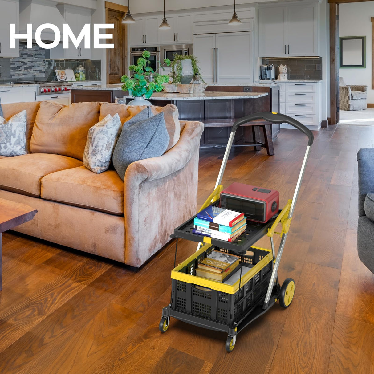 TOLRET Utility Cart, 200 lbs Capacity Folding Shopping Cart, Multi-Functional Collapsible Cart, Platform Hand Truck with Foot Brake, Grocery Cart on Wheels Foldable with Storage Crate, Yellow TOLRET