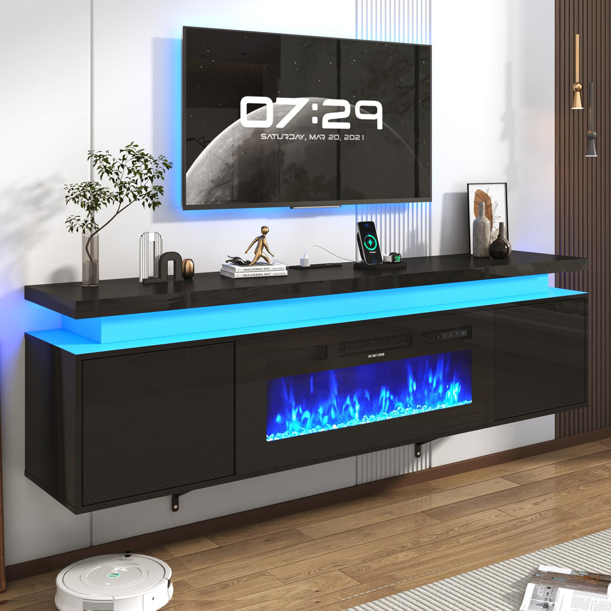 Hlivelood 70" tv Stand w/ 36" Fireplace Up to 80" TVs,High Gloss LED Fireplace TV Stand Entertainment Center for 70/75+/80 inch TV, Modern Media TV Console Cabinet for Living Room,Black Hlivelood