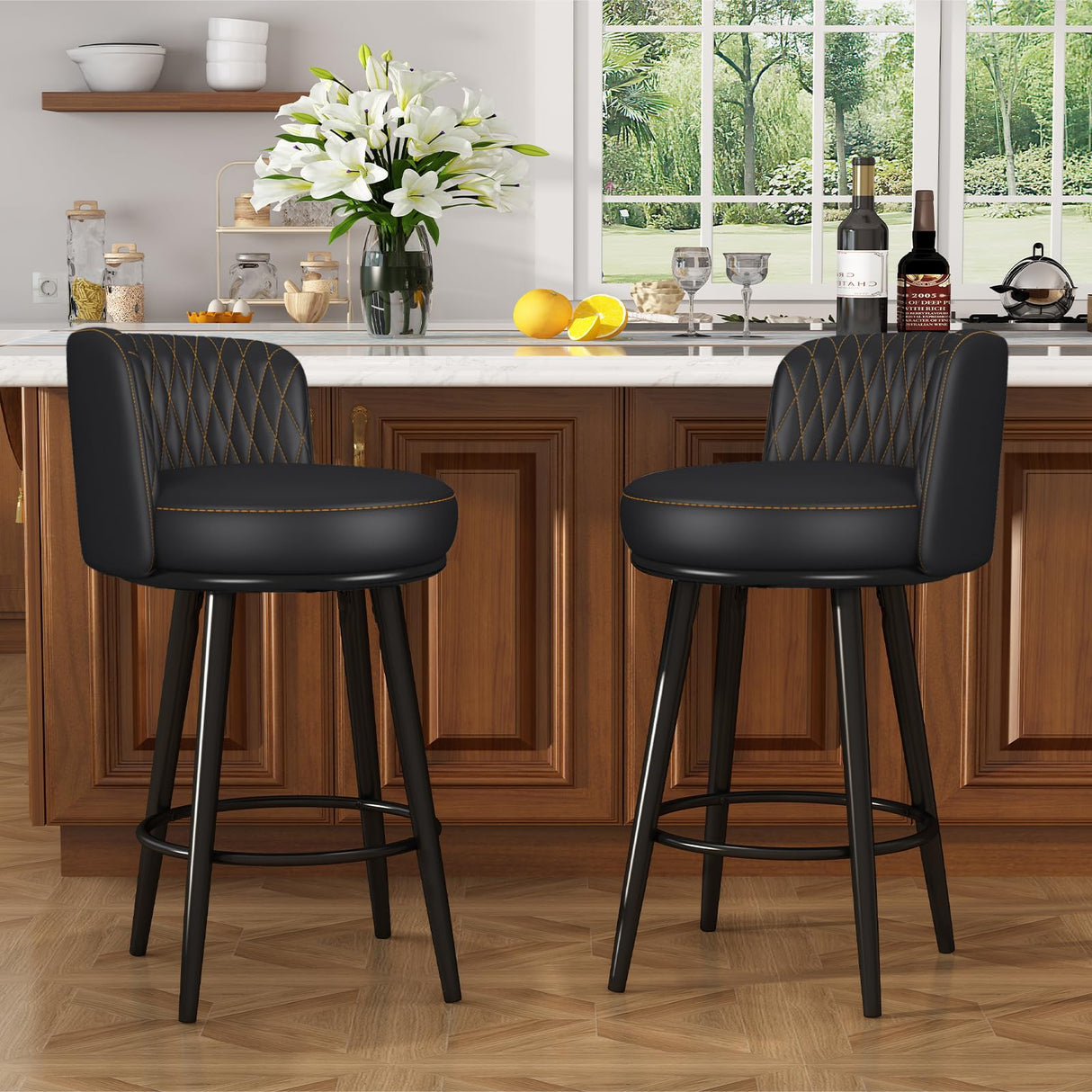HONIFUR Bar Stools Set of 2, 27 Inch Barstools with Sturdy Legs, Leather Farmhouse Counter Height Bar Stool for Kitchen, Dining, Bar (Swivel, Black, Leather) HONIFUR