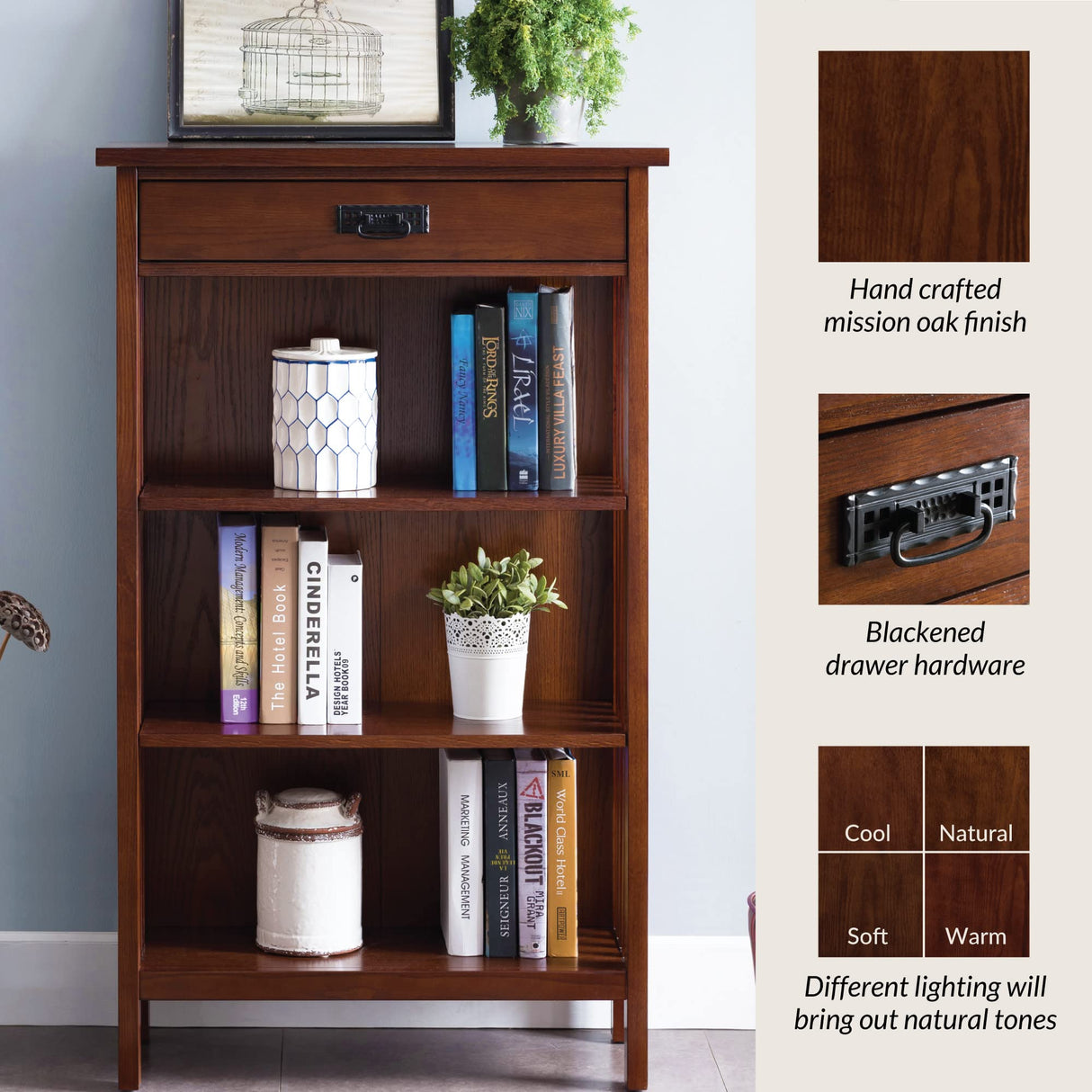 Leick Home 82262 Mission Mantel Height Bookcase with Slatted Sides and Top Drawer, Made with Solid Wood, for Living Rooms, Mission Oak Finish, Brownbronze Leick Home