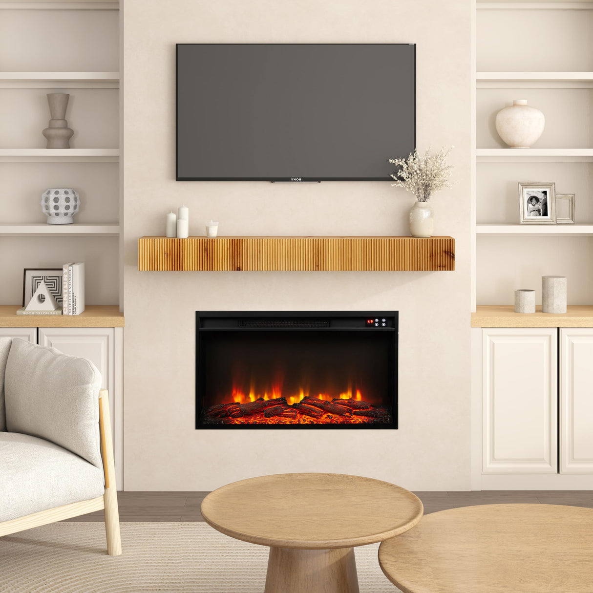 blingworld Fireplace Mantle, 60" Fluted Floating Mantel Shelf for Over Fireplace or Under TV, Rustic Handcrafted Wood Floating Shelves for Living Room Bedroom Kitchen Wall Decor, Natural blingworld