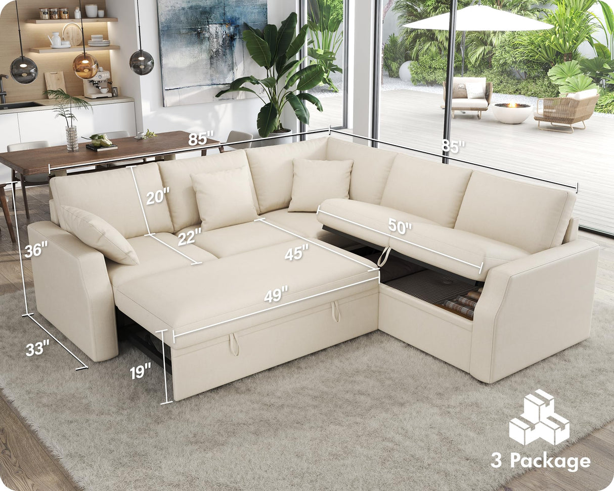 VanAcc Sofa Bed, 85 Inch Sleeper Couch with Storage Seat, L Shaped Sofa with Pull Out Sofa Bed, Sectional Couches for Living Room Apartment, Beige Linen Couch Sofa VanAcc