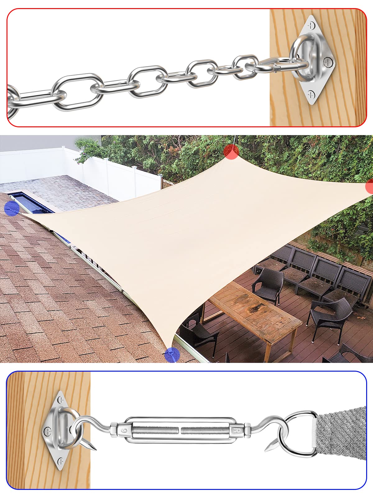 TooTaci Sun Shade Sail Hardware Kit Rectangle,304 Stainless Steel Hanging Chains 1M× 4pcs, 54pcs 6 inch Shade Sail Hardware Kit with Chains for Sun Sail Installation,Outdoor,Pergola,Patio Canopys TooTaci