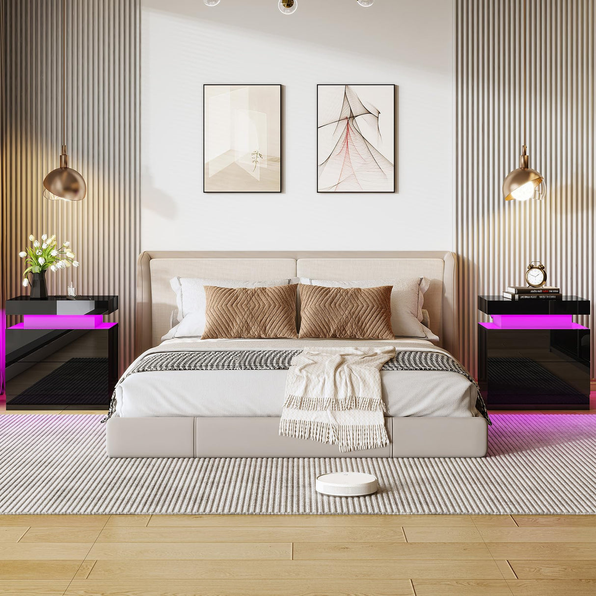 AMERLIFE High Gloss LED Nightstand Set of 2 with Charging Station, Modern Bedside Table Night Stand with LED Lights, Sofa End Side Tables with Drawers for Bedroom Living Room, Black AMERLIFE