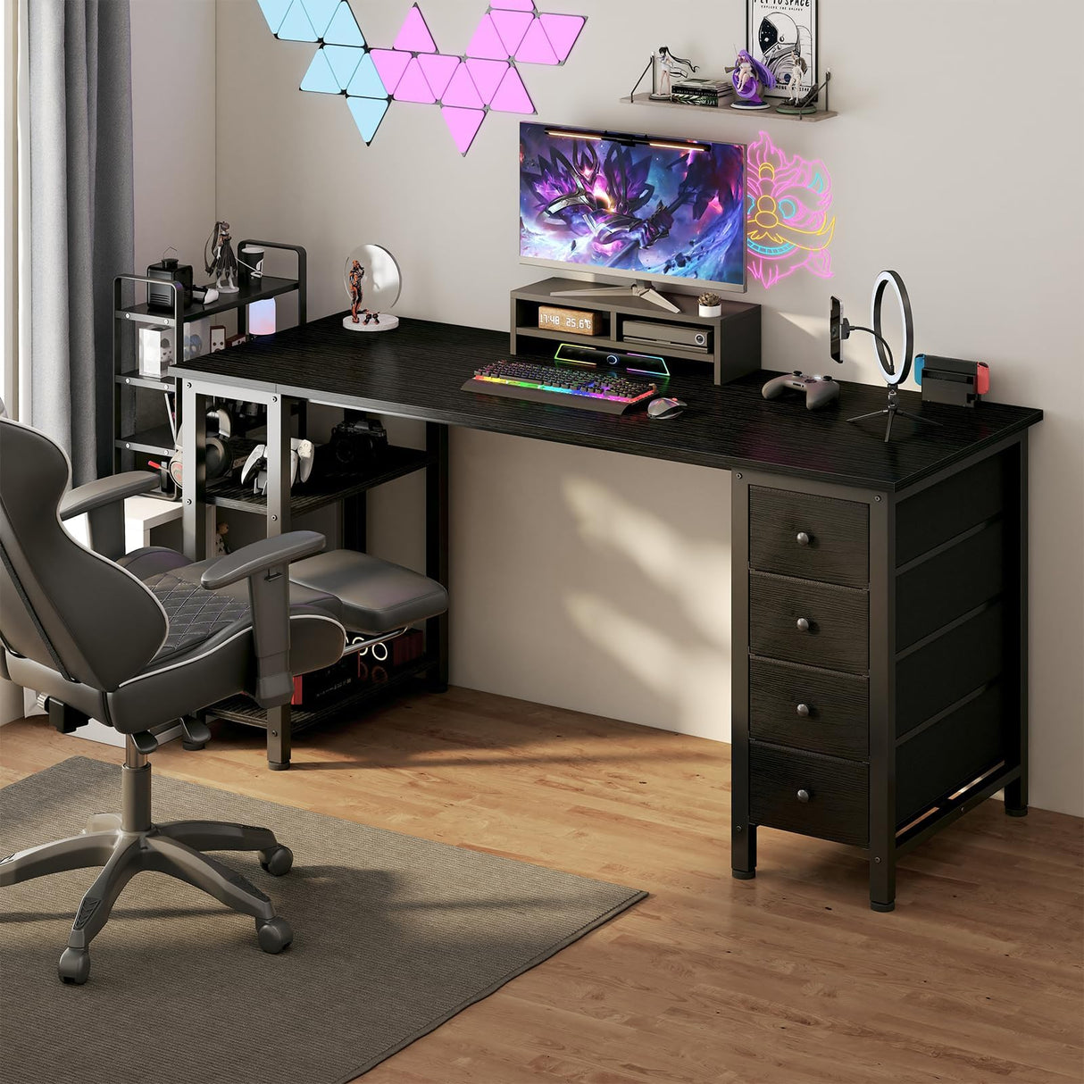 Lufeiya Gaming Desk with 4 Fabric Drawers & Storage Shelves, 63 inch Computer Writing Work Study Desk for Home Office Bedroom, Modern Simple Student PC Desks Table, Black Lufeiya