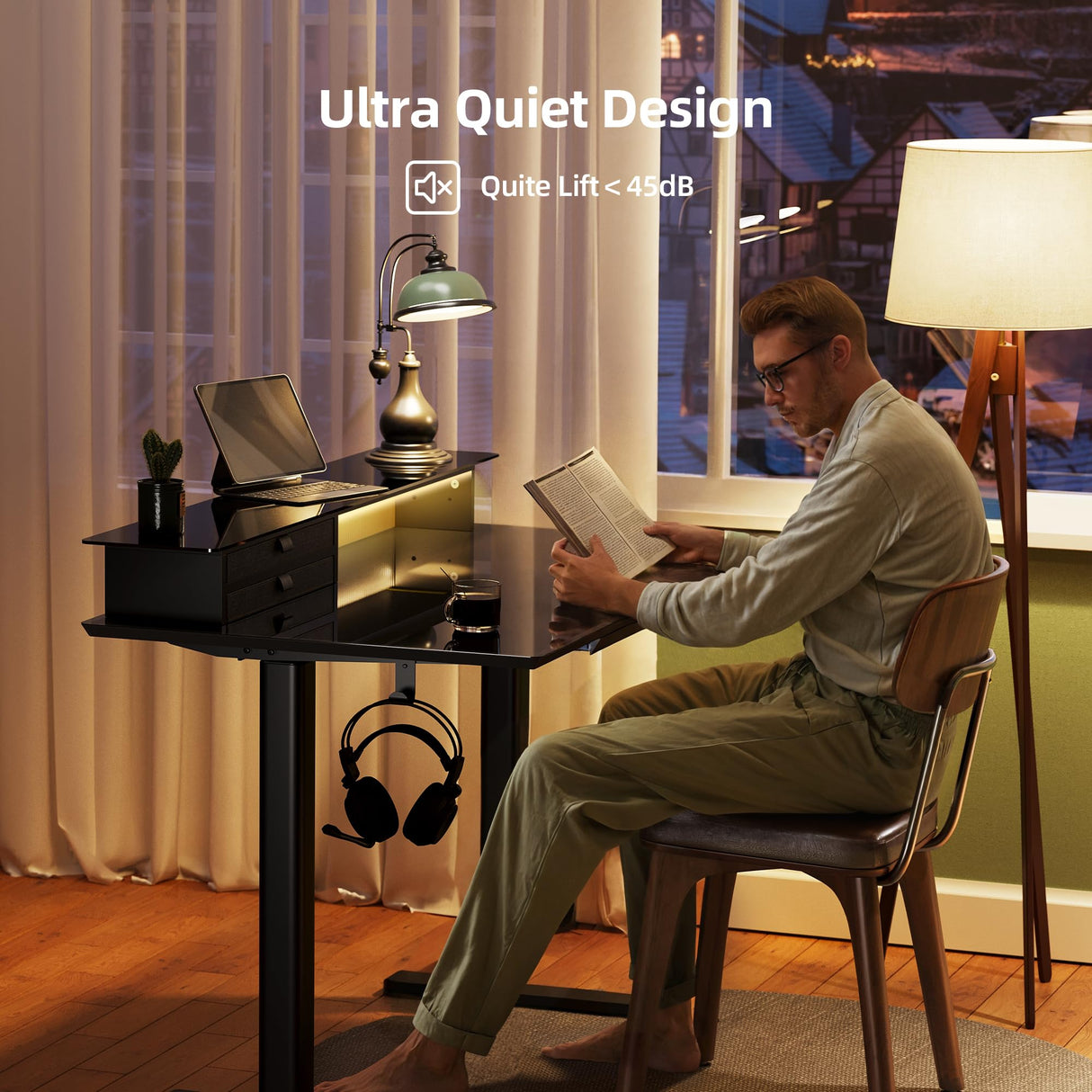 INNOVAR Glass Standing Desk with 3 Drawers, 48x24 Inch Height Adjustable Desk with USB Ports & LED Lights, Electric Stand Up Desk with Monitor Stand for Home, Office, Workstation, Black INNOVAR