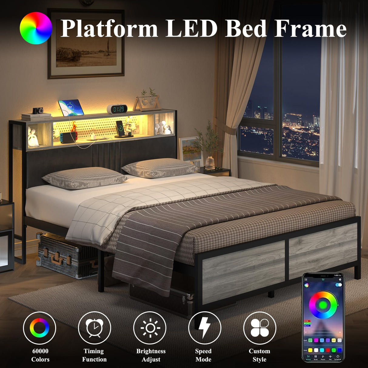 Full Bed Frame with Storage and Charging Station, Upholstered Bed Frame Full with LED Lights, Heavy Duty Metal Slat Support, No Box Spring Needed, Noise-Free, Easy Assembly, Noise-Free, Wash Grey CHABUILDREARK