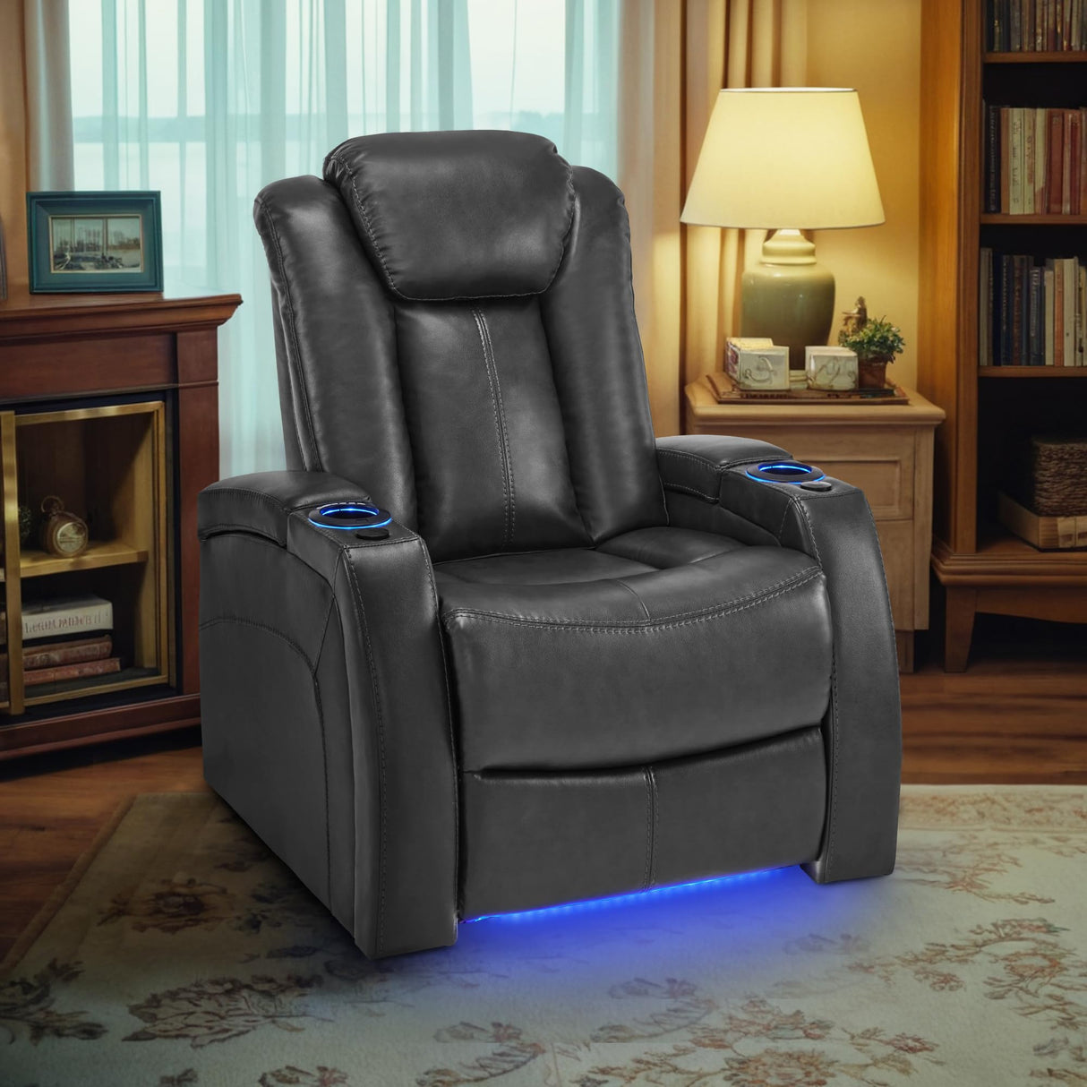 MCombo Power Recliner Chair with Adjustable Headrest for Living Room, Home Theater Seating with Swivel Tray Table, USB Port, LED Light, Armrest Storage HTS422 (Grey) MCombo
