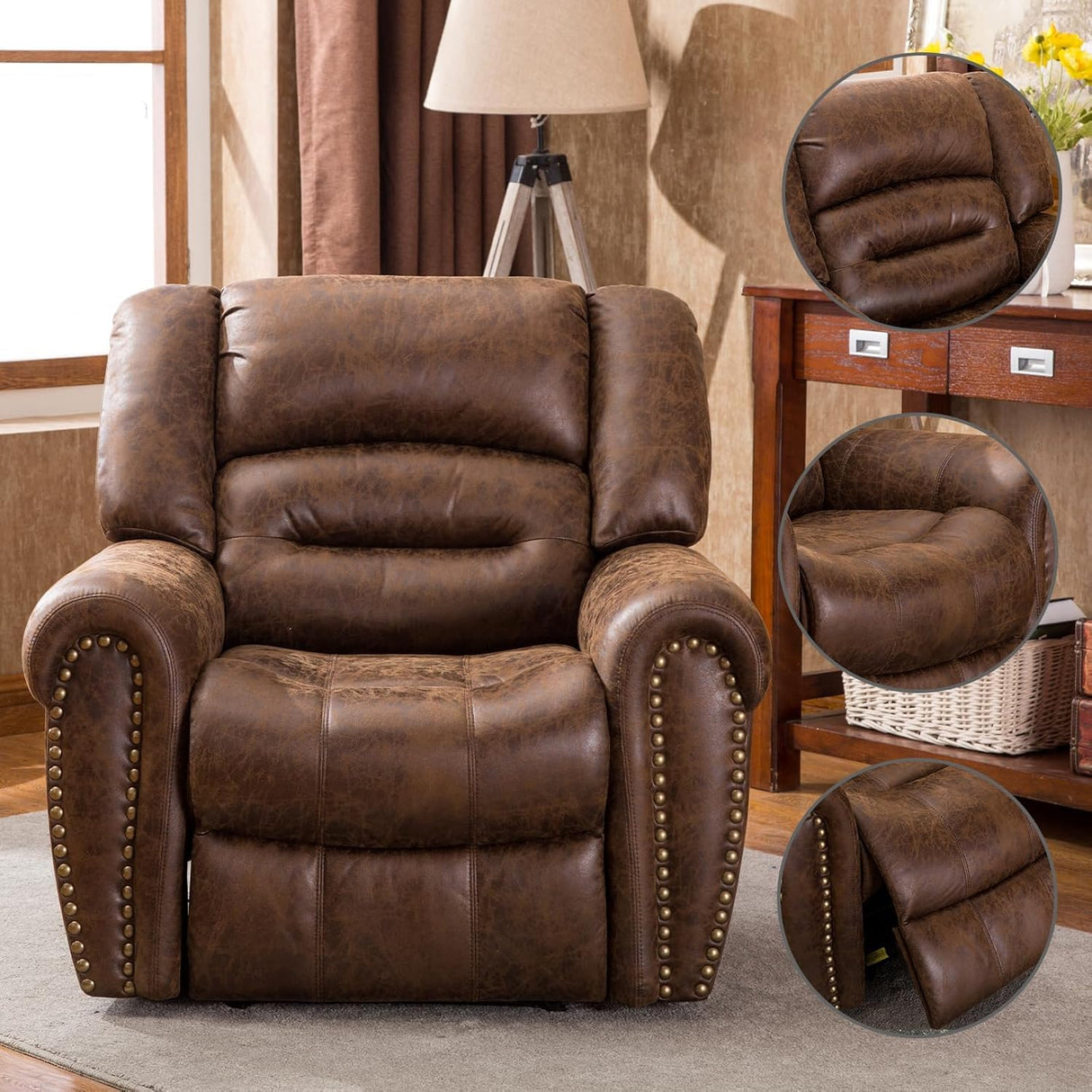 CANMOV Power Recliner Chair,Faux Leather Electric Recliner Chair with Padded Arms and Adjustable Backrest,Single Sofa with USB Charger for Living Room,Nut Brown CANMOV