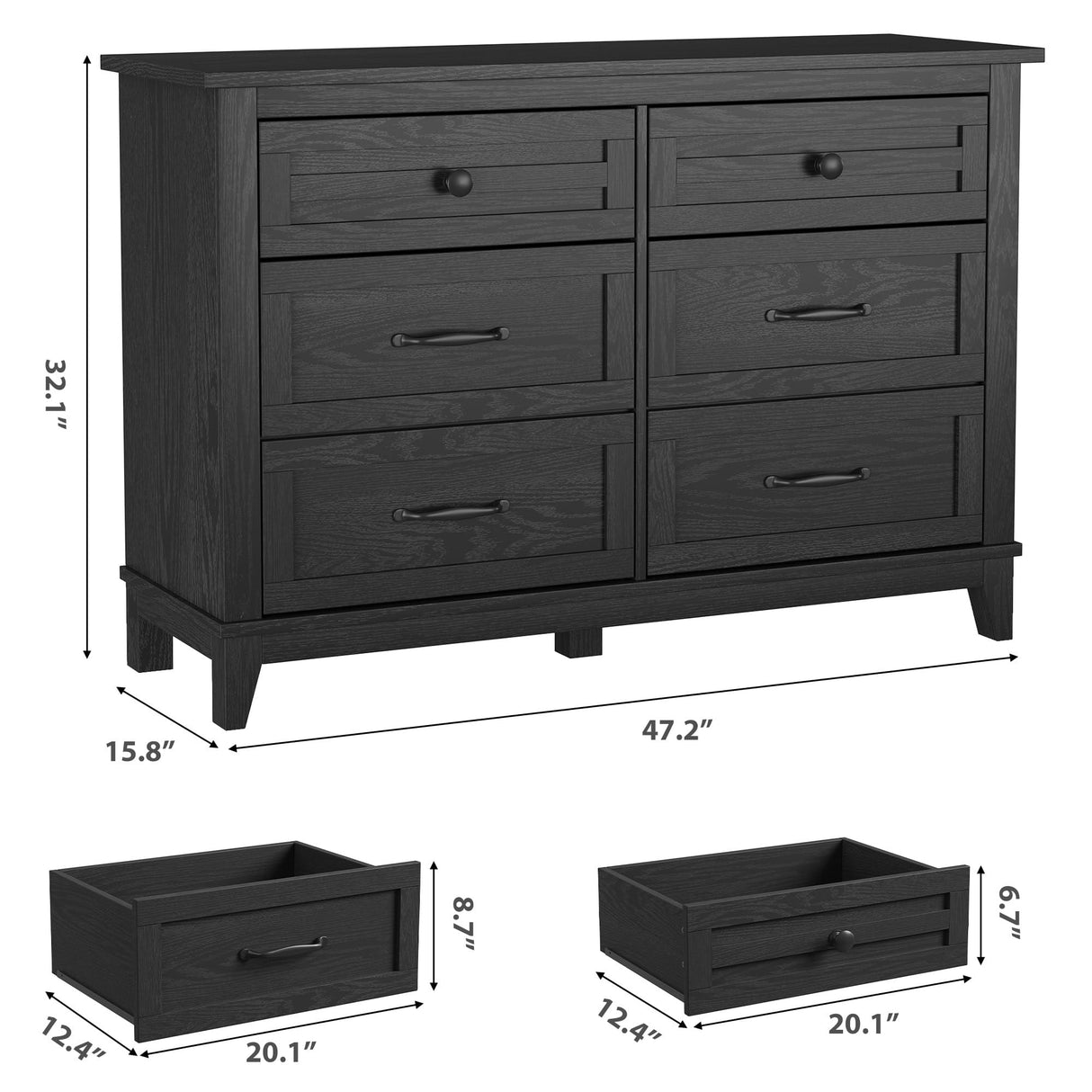 GarveeHome 6 Dresser for Bedroom, 47 in Wide Drawer Dresser with Storage Freestanding, Wooden Closet Storage Chest for Living Room, Bedroom, Entryway, Black GarveeHome