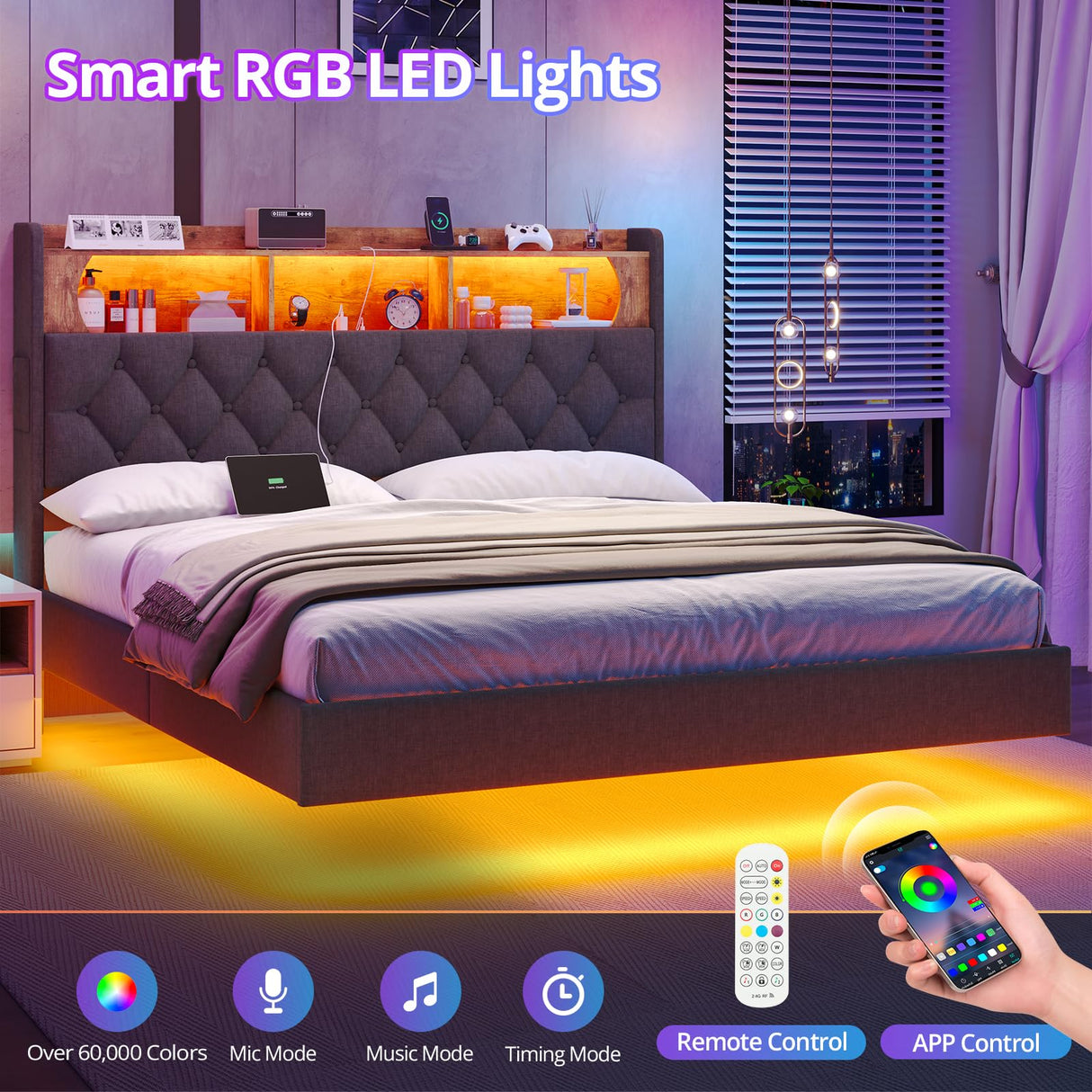 BTHFST Dark Grey Floating Bed Frame with LED Lights and Storage Headboard, Queen Size, No Box Spring Required BTHFST