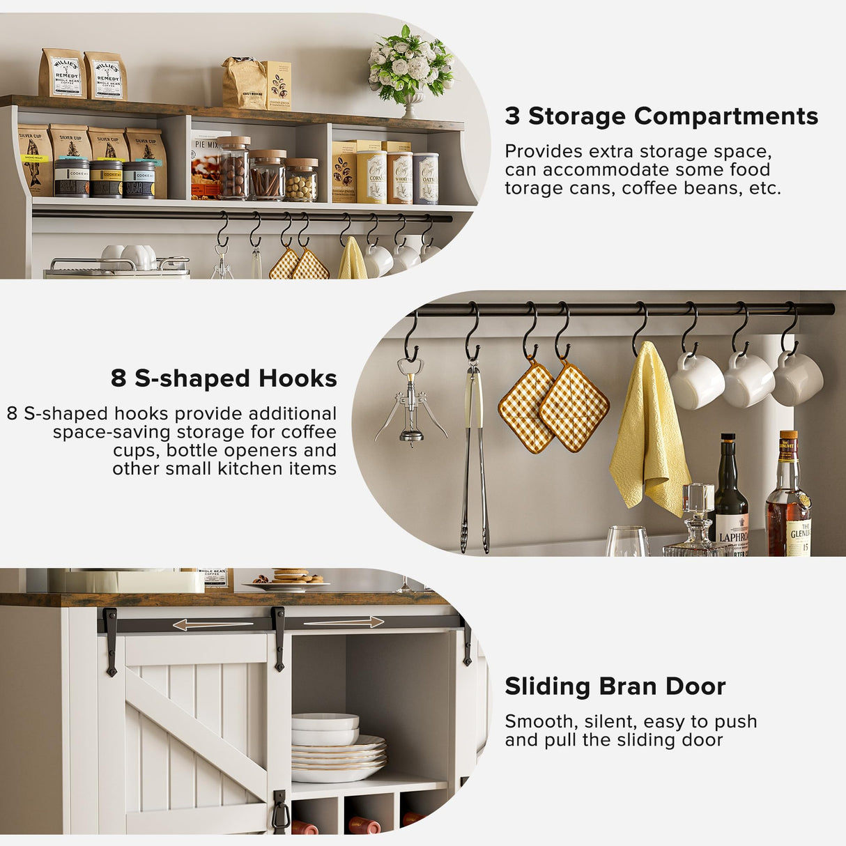 SYESWAY 57" Coffee Bar, Farmhouse Coffee Bar Cabinet with 3-Tier Storage, Tall Buffet Kitchen Hutch Cabinet with 8 Hooks & 9 Wine Racks, Wine Bar Cabinet for Home, Living Room, White SYESWAY