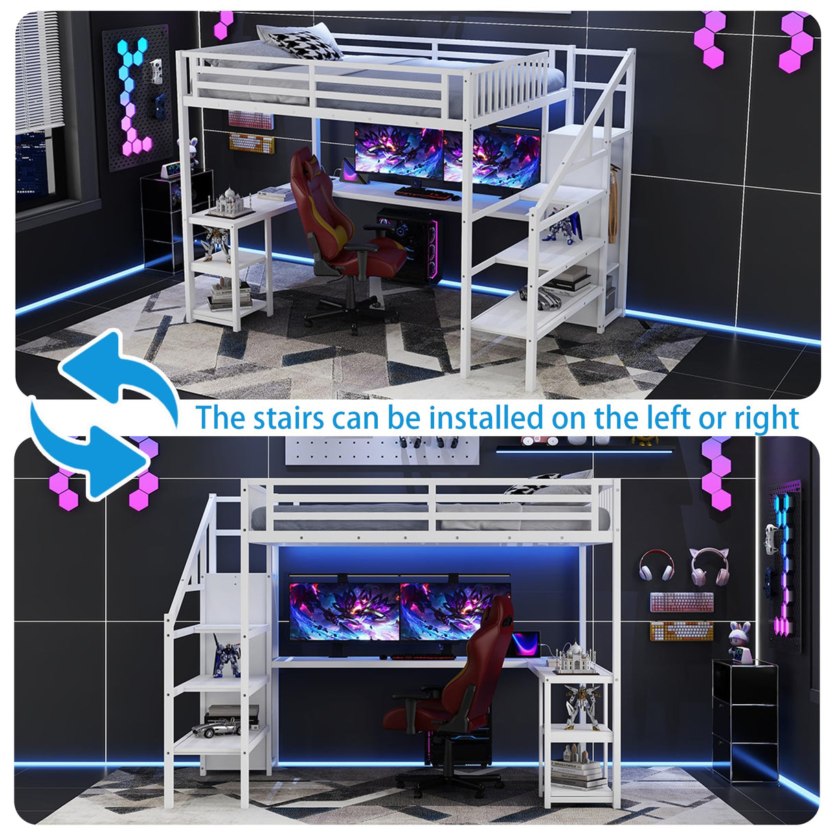 Queen Loft Bed with Stairs and Desk,Heavy Duty Metal Queen Size Loft Bed Frame for Adults with Wardrobe and Shelf, Gaming Bed with LED and USB for Teens Girls Boys,No Noise, White MoproBeti