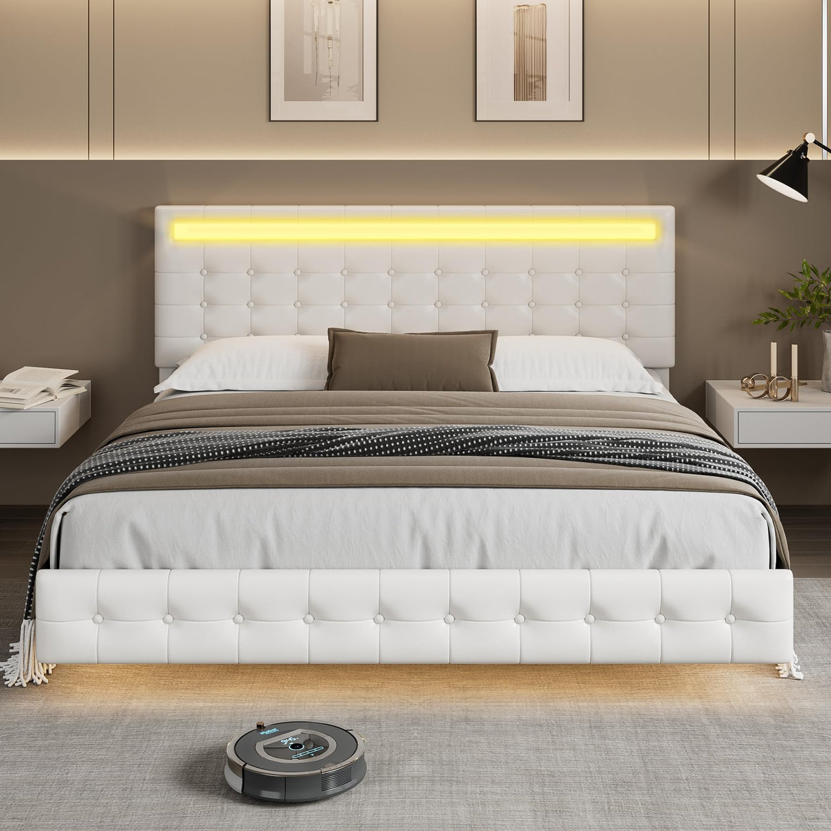 Keyluv Floating King Bed Frame with LED Lights and Adjustable Headboard in White Keyluv
