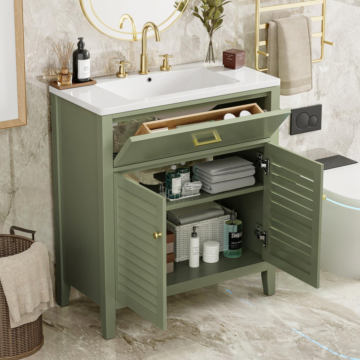 Merax 30" Bathroom Vanities with Sink Set, Modern Bathroom Integrated Sink Cabinet with Pull Down Drawer, Wood Stripes,Freestanding Bathroom Sink Cabinet (Green) Merax