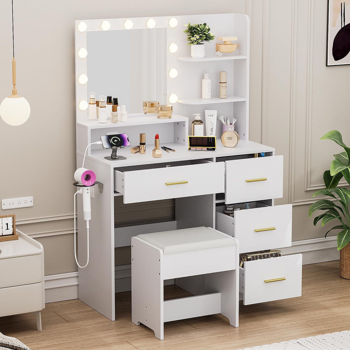 Alaxgumrol Makeup Vanity with Lights & Mirror, Vanity Desk with Power Outlet, White Vanity Set with 2 Drawers, Dressing Table with Adjustable 3 Lighting Color (White, Right Drawer) Alaxgumrol