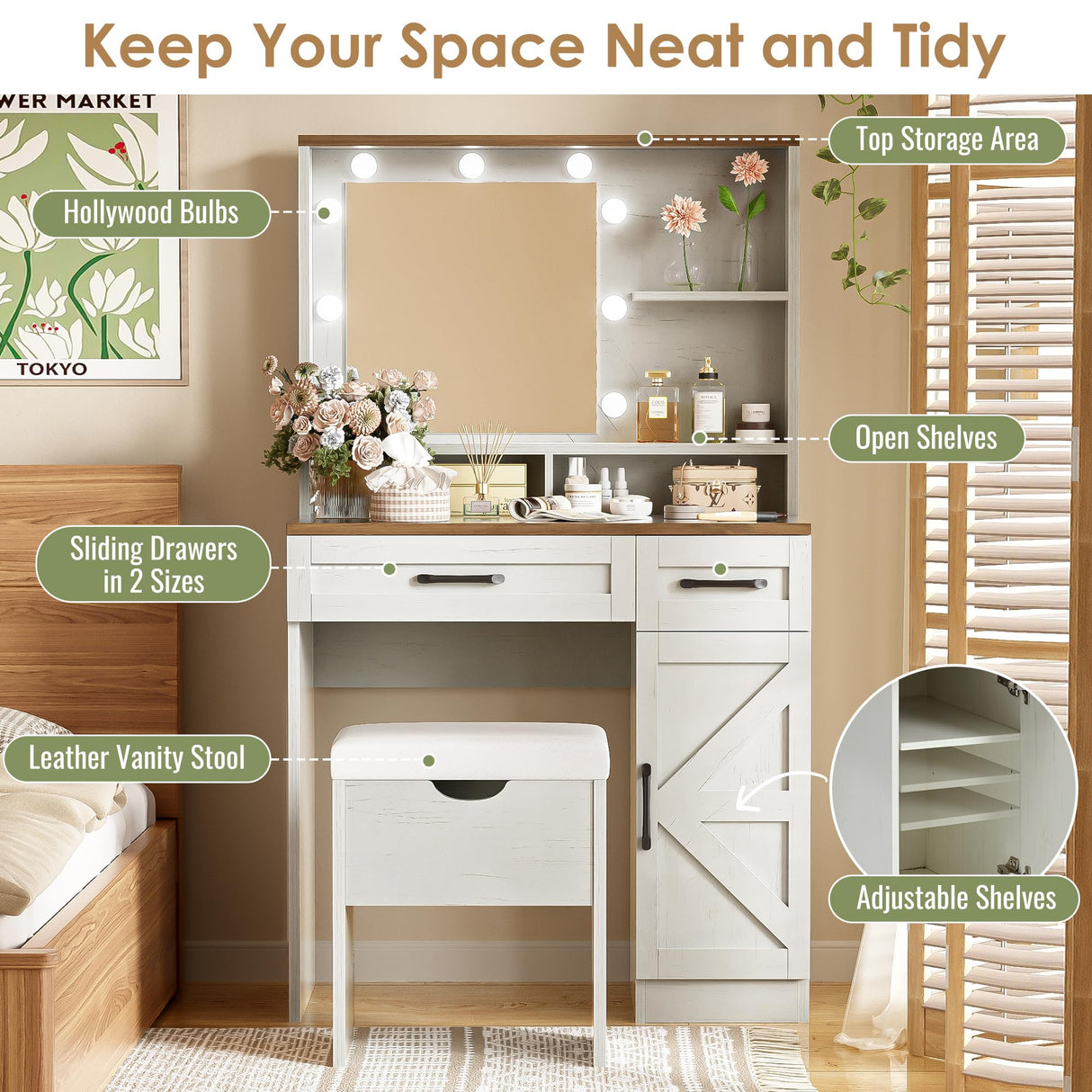 THINK 30 Farmhouse Makeup Vanity Desk with Mirror and Lights, 3 Lighting Modes, Vanity Set with Stool, Dressing Table with Adjustable Shelves,2 Drawers and Side Cabinet for Bedroom, White THINK 30