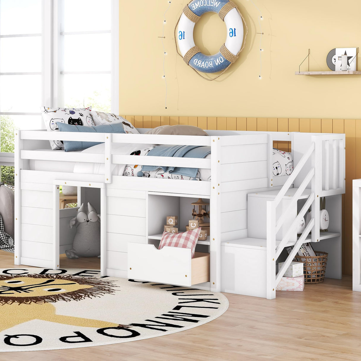 Low Loft Bed with Stairs and Storage, Twin Size Wooden Frame for Kids - White Bellemave