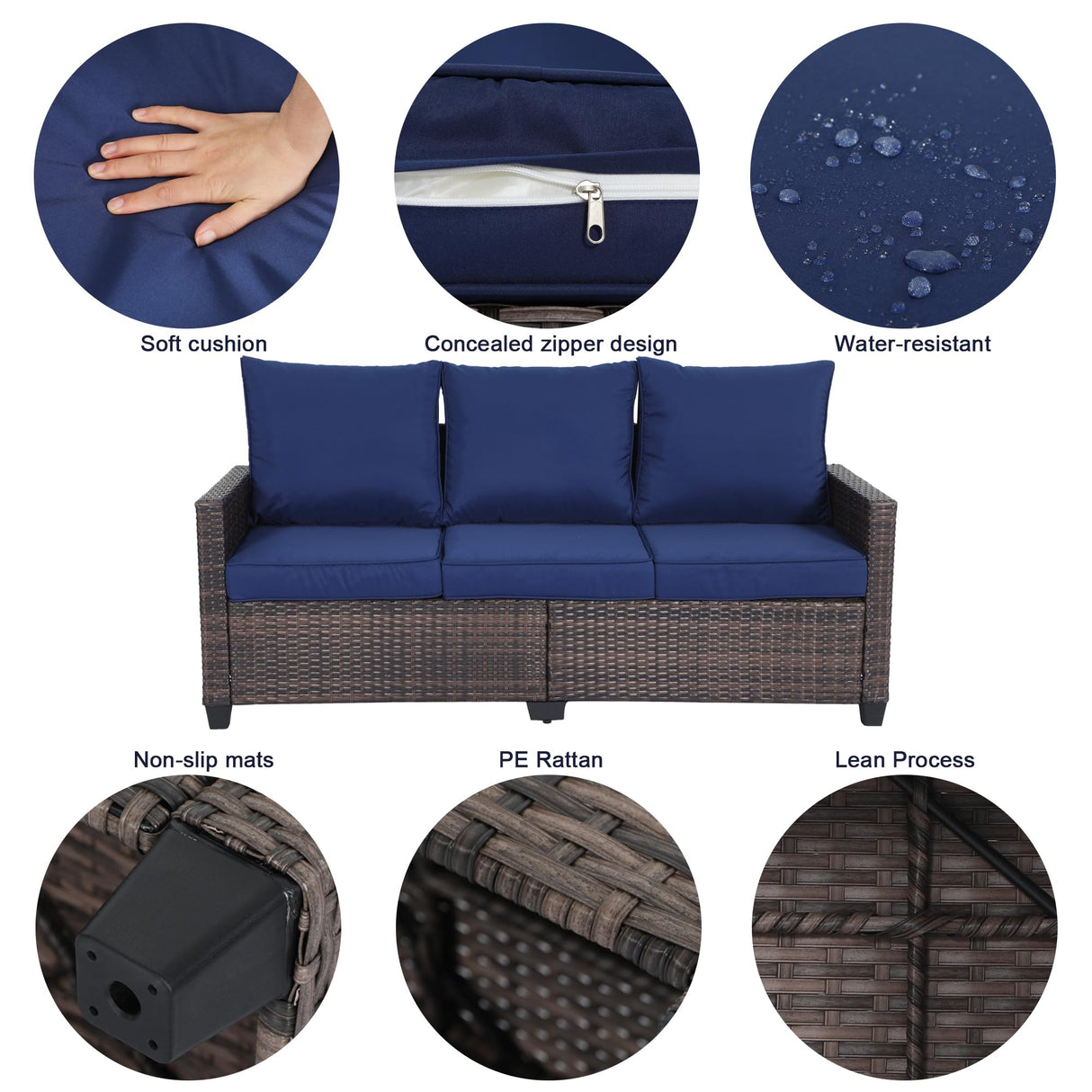 EortheX Outdoor Patio Sofa, 3-Seat Rattan Wicker Couch for Garden Deck or Porch, Comfortable All-Weather Patio Furniture with Anti-Slip Cushions (Blue) EortheX outdoor fancy