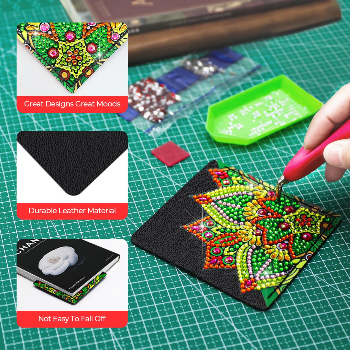 8 PCs Christmas Diamond Art Corner Bookmarks Leather Dimond Painting Book Mark Kit for Adults Paint by Dots Bookmarkers Craft DIY Gem Small Dotz Gifts for Women Mandala Flower Black Lotus CharySim