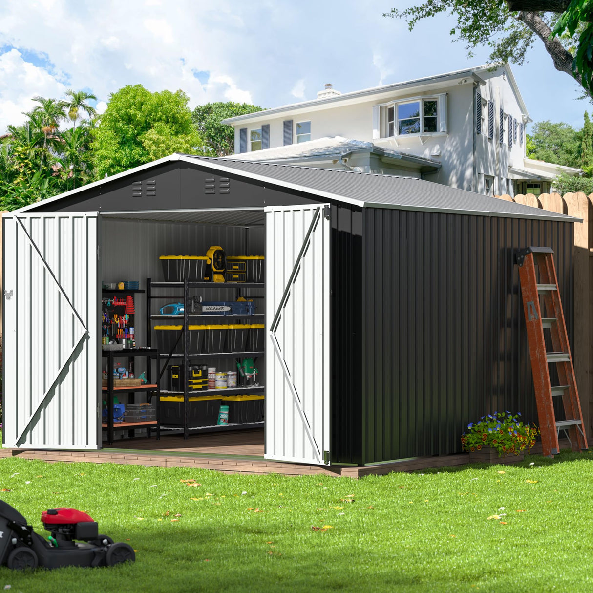 AirWire 10x10 FT Outdoor Storage Shed, Garden Shed with Updated Frame Structure and Lockable Doors, Metal Tool Sheds for Backyard Garden Patio Lawn, Grey AirWire