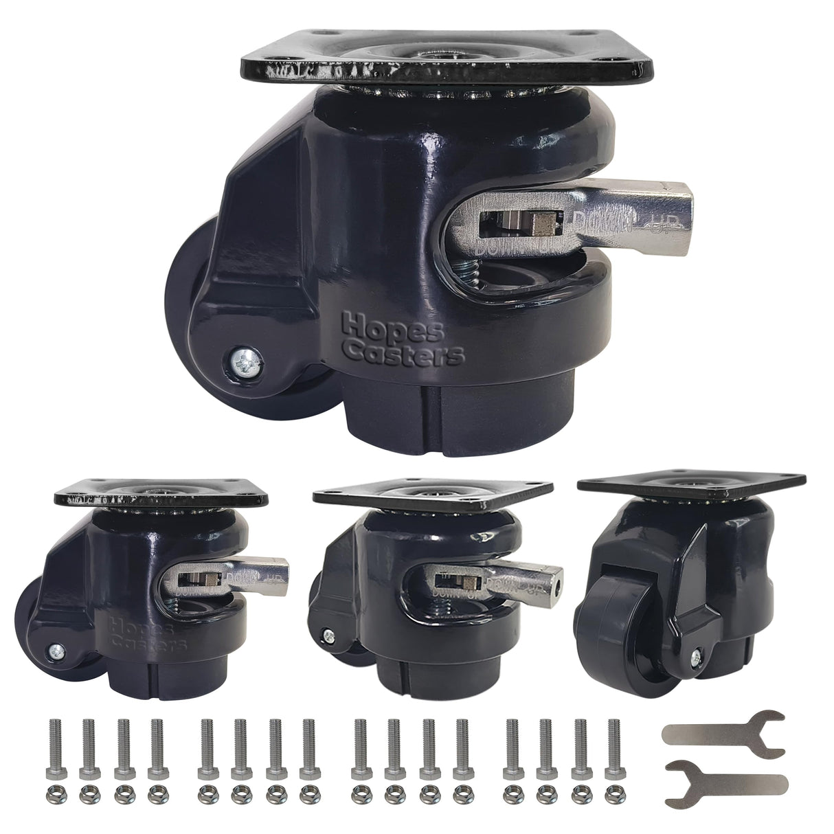 Leveling Casters with Ratchet Handle, Swivel Retractable Plate Caster Wheels for Workbench, Heavy Duty Industrial Casters with Nylon Wheels & Leveling Feet for Machine (Black, TD60F-2200lbs) HOPES