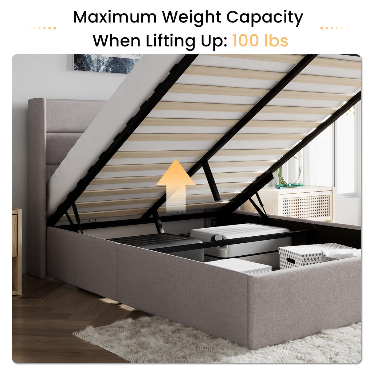 SHA CERLIN Queen Size Lift Up Storage Bed/Modern Wingback Headboard/Upholstered Platform Bed Frame/Hydraulic Storage/No Box Spring Needed/Wood Slats Support/Light Beige SHA CERLIN