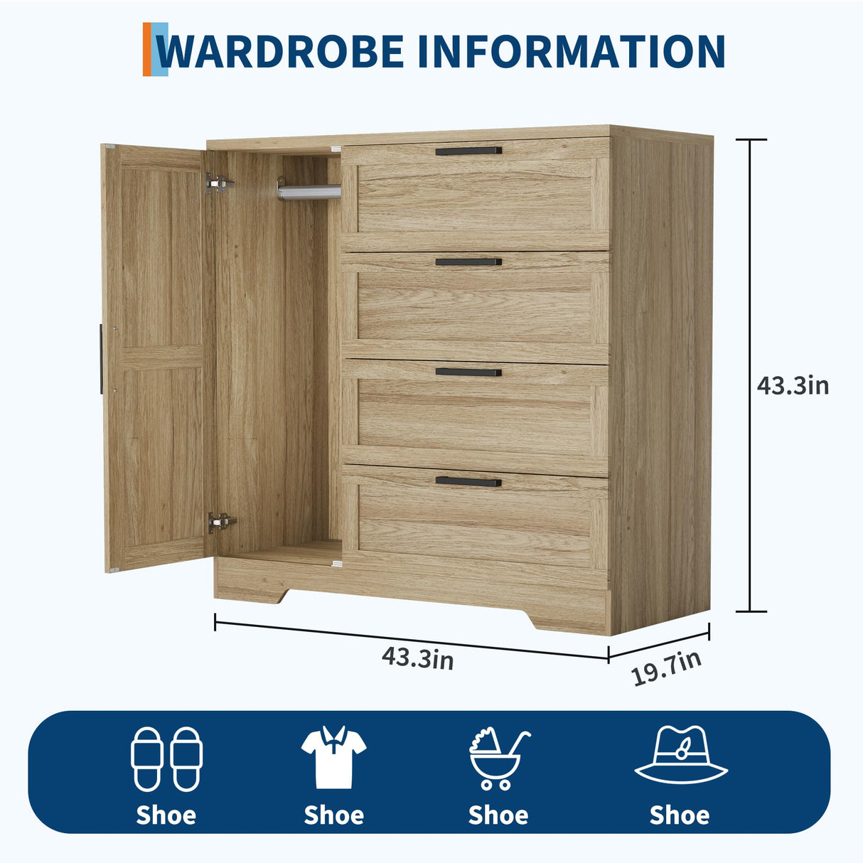 GarveeHome Wood Armoire Wardrobe Closet with 4 Drawers and Door, 43.3 in H Bedroom Wardrobe Cabinet with Hanging Rod, Clothing Storage Cabinets, 4 Drawers Dresser with Storage Closet, Natural Oak GarveeHome