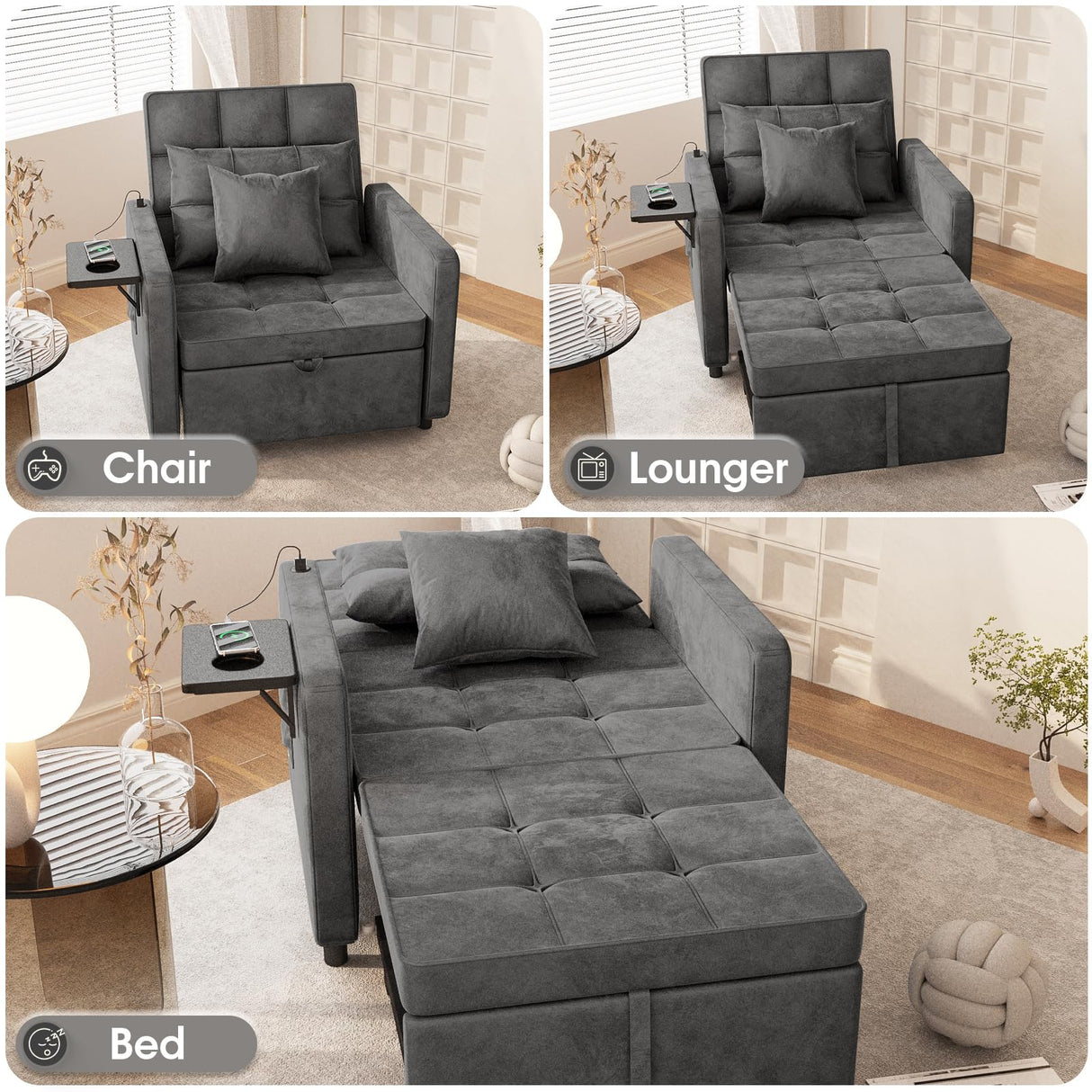 Vabches Sofa Bed Chair with Wing Table and USB Ports Outlet, 3-in-1 Sofa Chair Bed Couches with Two Pillows, Velvet Sleeper Chair with Adjustable Backrest, Easy Assembly, Dark Grey Vabches