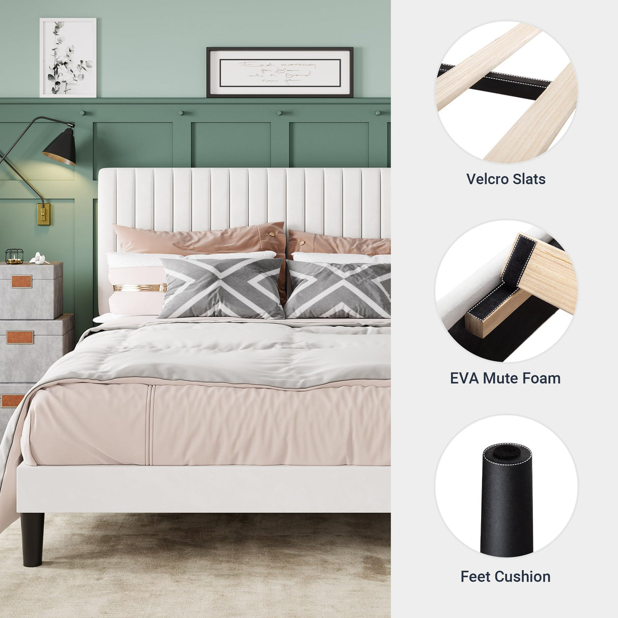 Allewie Full Bed Frame, Velvet Upholstered Platform Bed with Adjustable Vertical Channel Tufted Headboard, Mattress Foundation with Strong Wooden Slats, Box Spring Optional, Easy Assembly, White Allewie