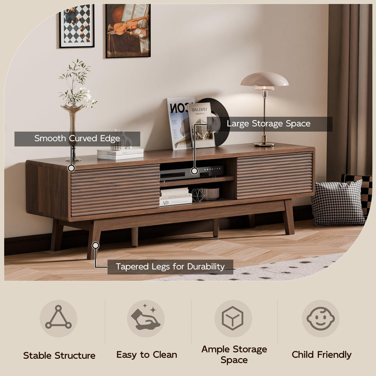 TOLEAD TV Console, Mid Century Modern Media Console for 55/60/65 Inch TV, Low Profile TV Stand with Fluted Sliding Doors, Boho Light Wood Credenza for Living Room (Walnut, 59") TOLEAD